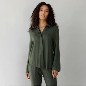 Cozy Earth Bamboo Pajama Top Long Sleeve Button Down Green Olive Size Large